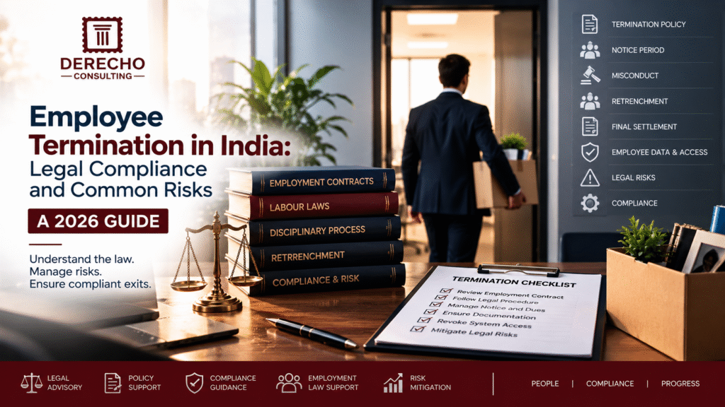 Employee termination in India covering notice periods, misconduct, retrenchment, final settlement, employee access, and legal compliance.