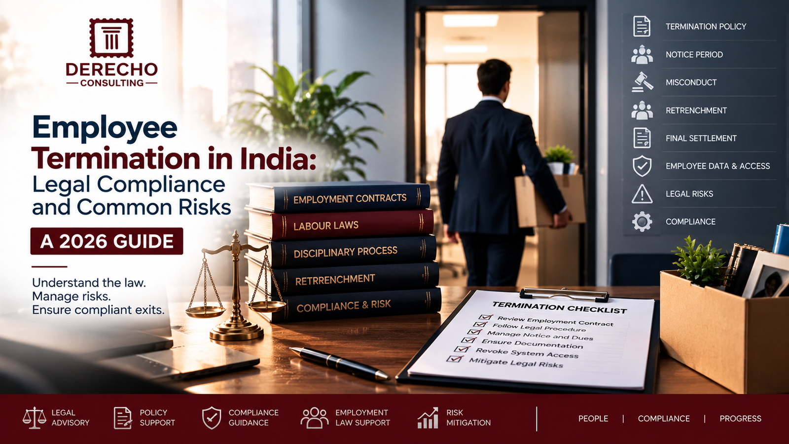 Employee termination in India covering notice periods, misconduct, retrenchment, final settlement, employee access, and legal compliance.