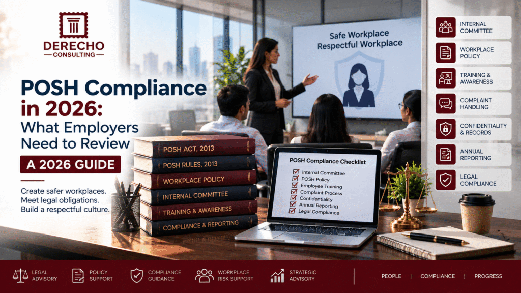 POSH compliance in 2026 covering Internal Committee, workplace policy, employee training, complaint handling, confidentiality, and annual reporting.