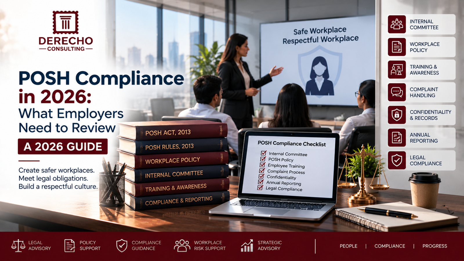 POSH compliance in 2026 covering Internal Committee, workplace policy, employee training, complaint handling, confidentiality, and annual reporting.
