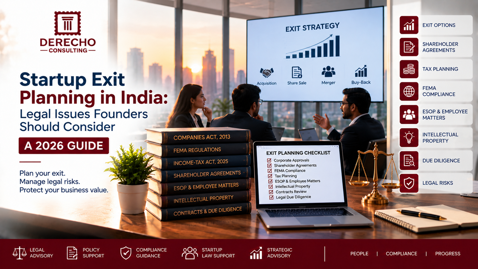 Startup exit planning in India covering shareholder agreements, tax planning, FEMA compliance, ESOPs, intellectual property, and due diligence.