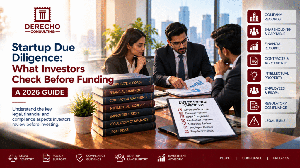 Startup due diligence covering company records, cap table, financial records, contracts, intellectual property, employees, and regulatory compliance.