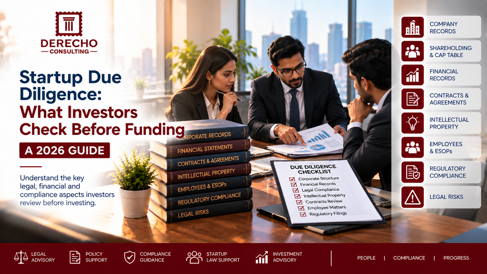 Startup due diligence covering company records, cap table, financial records, contracts, intellectual property, employees, and regulatory compliance.