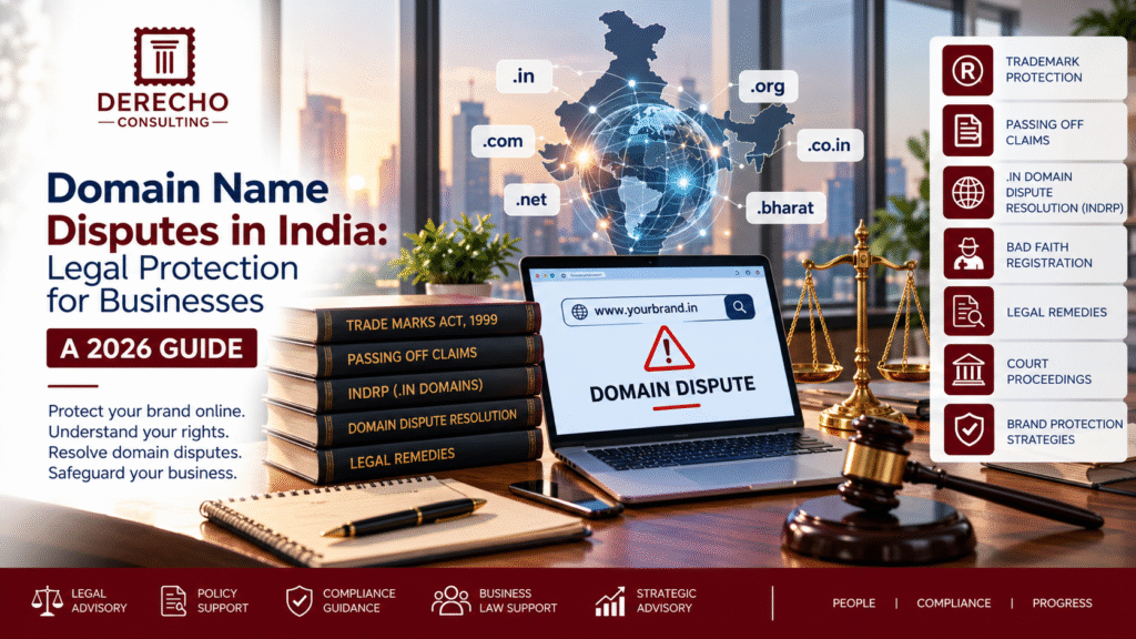 Domain name disputes in India covering trademark protection, passing off claims, INDRP, bad faith registration, and legal remedies.