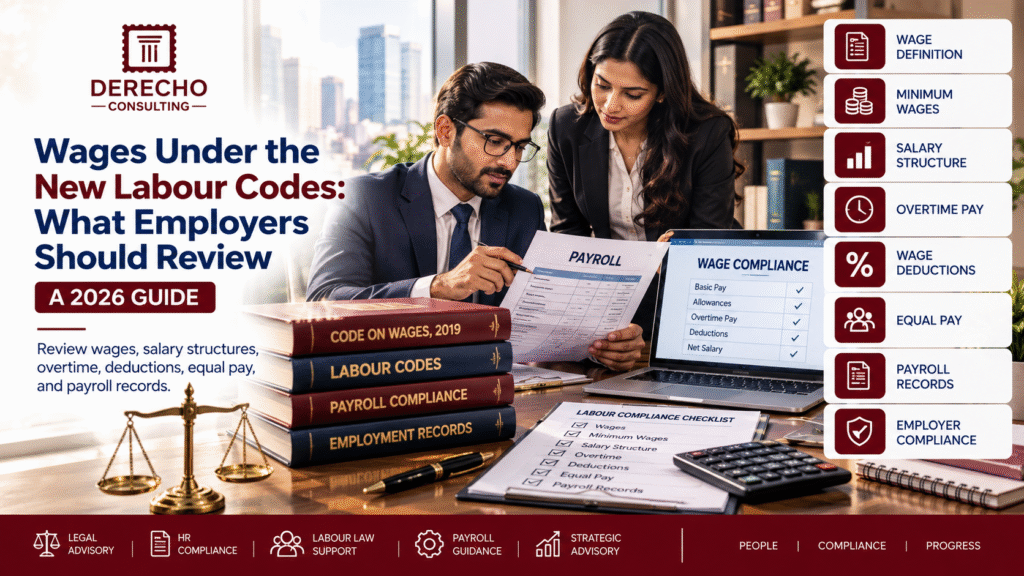 Wage compliance under the new Labour Codes covering wage definition, minimum wages, salary structure, overtime pay, deductions, equal pay, and payroll records.