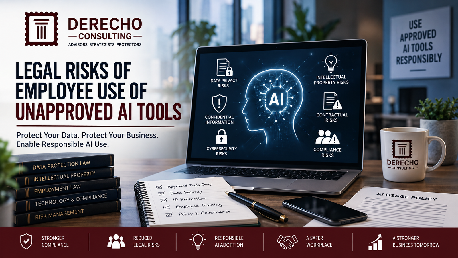 AI tool risks from employee use of unapproved AI tools, including data privacy, intellectual property, cybersecurity, confidentiality, and compliance risks.