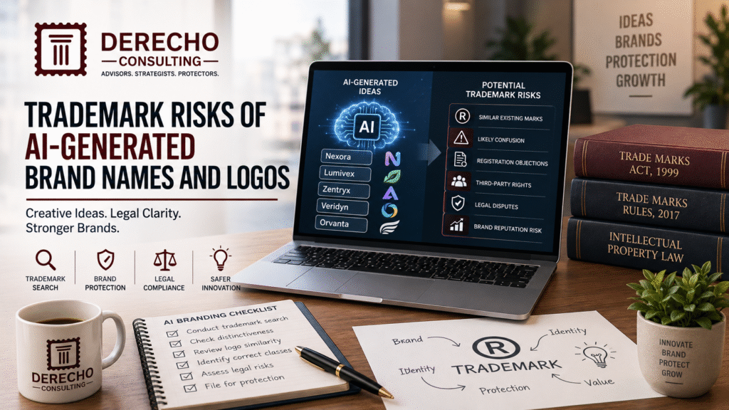 Trademark risks of AI-generated brand names and logos, including trademark similarity, registration objections, brand protection, and legal compliance.