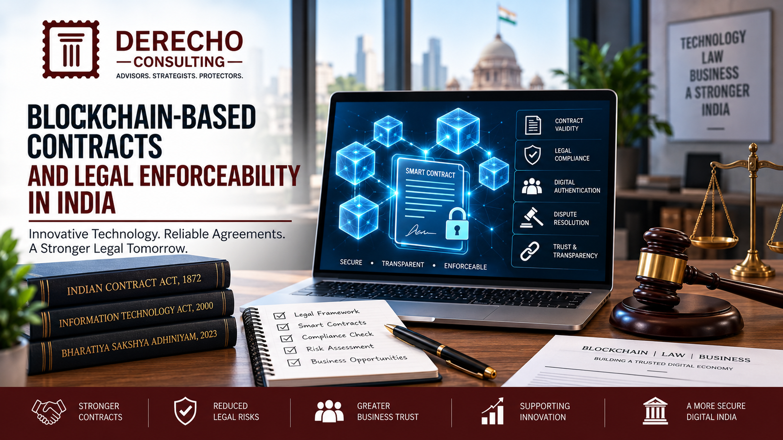 Blockchain-based contracts in India showing smart contracts, legal compliance, digital authentication, and dispute resolution.