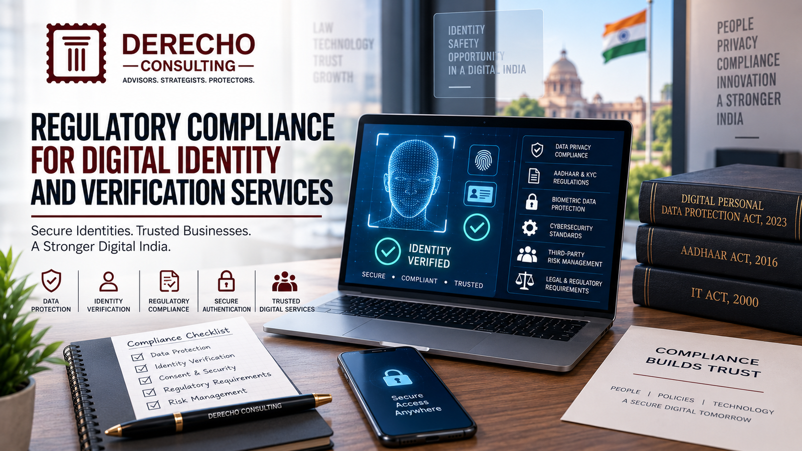 Digital identity compliance in India showing identity verification, data privacy, Aadhaar, cybersecurity, and secure authentication.