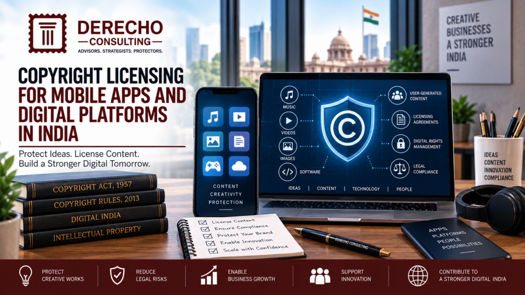 Copyright licensing for mobile apps and digital platforms in India covering software, digital content, music, user-generated content, and legal compliance.