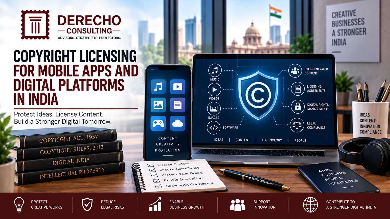 Copyright licensing for mobile apps and digital platforms in India covering software, digital content, music, user-generated content, and legal compliance.