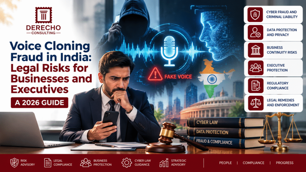 Voice cloning fraud in India showing AI voice scams, cyber fraud, data protection, executive protection, and legal compliance risks.