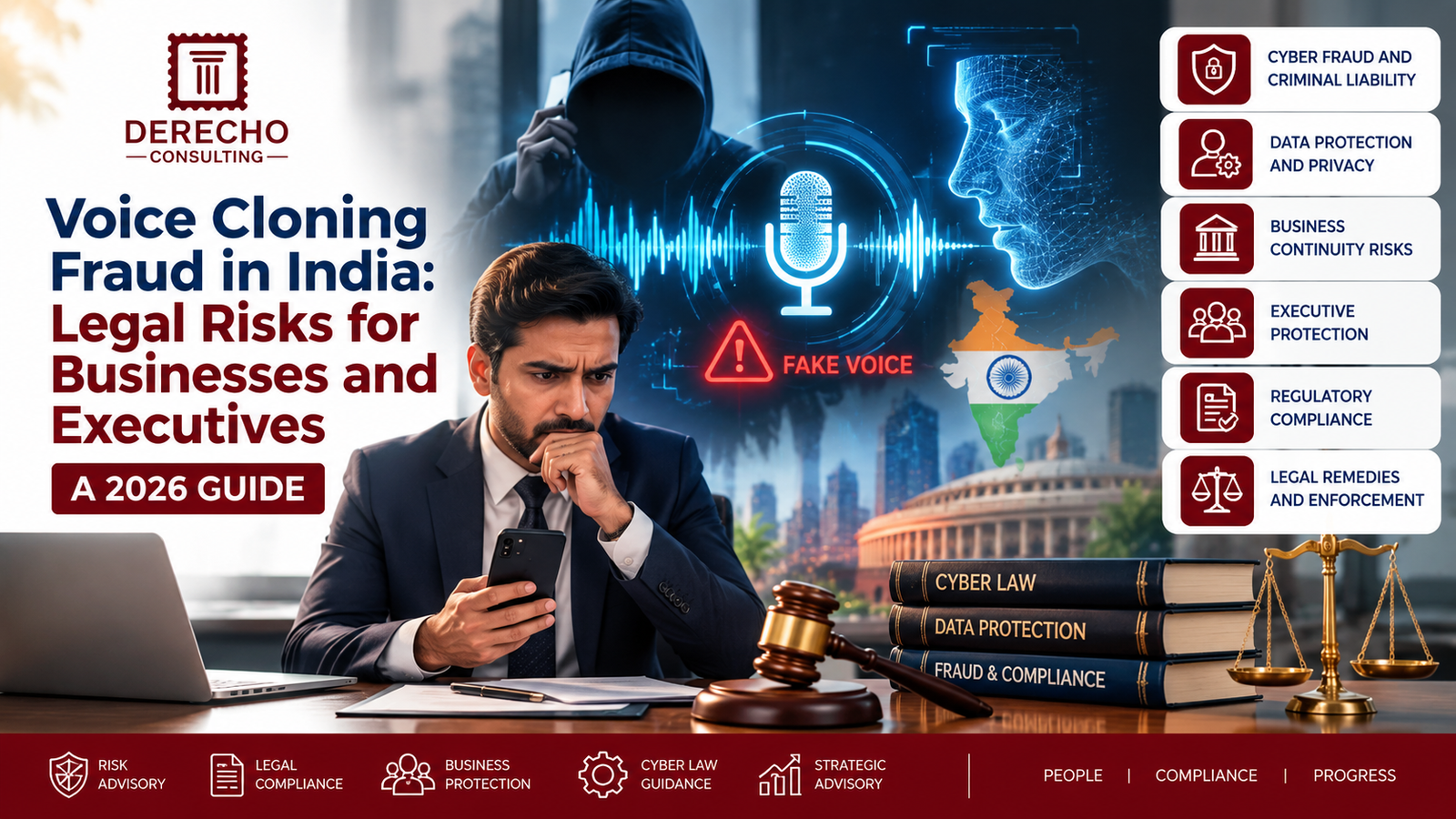 Voice cloning fraud in India showing AI voice scams, cyber fraud, data protection, executive protection, and legal compliance risks.
