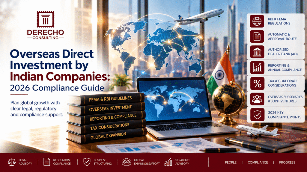 Overseas Direct Investment by Indian companies covering FEMA, RBI regulations, approval routes, reporting, tax, subsidiaries, and compliance.