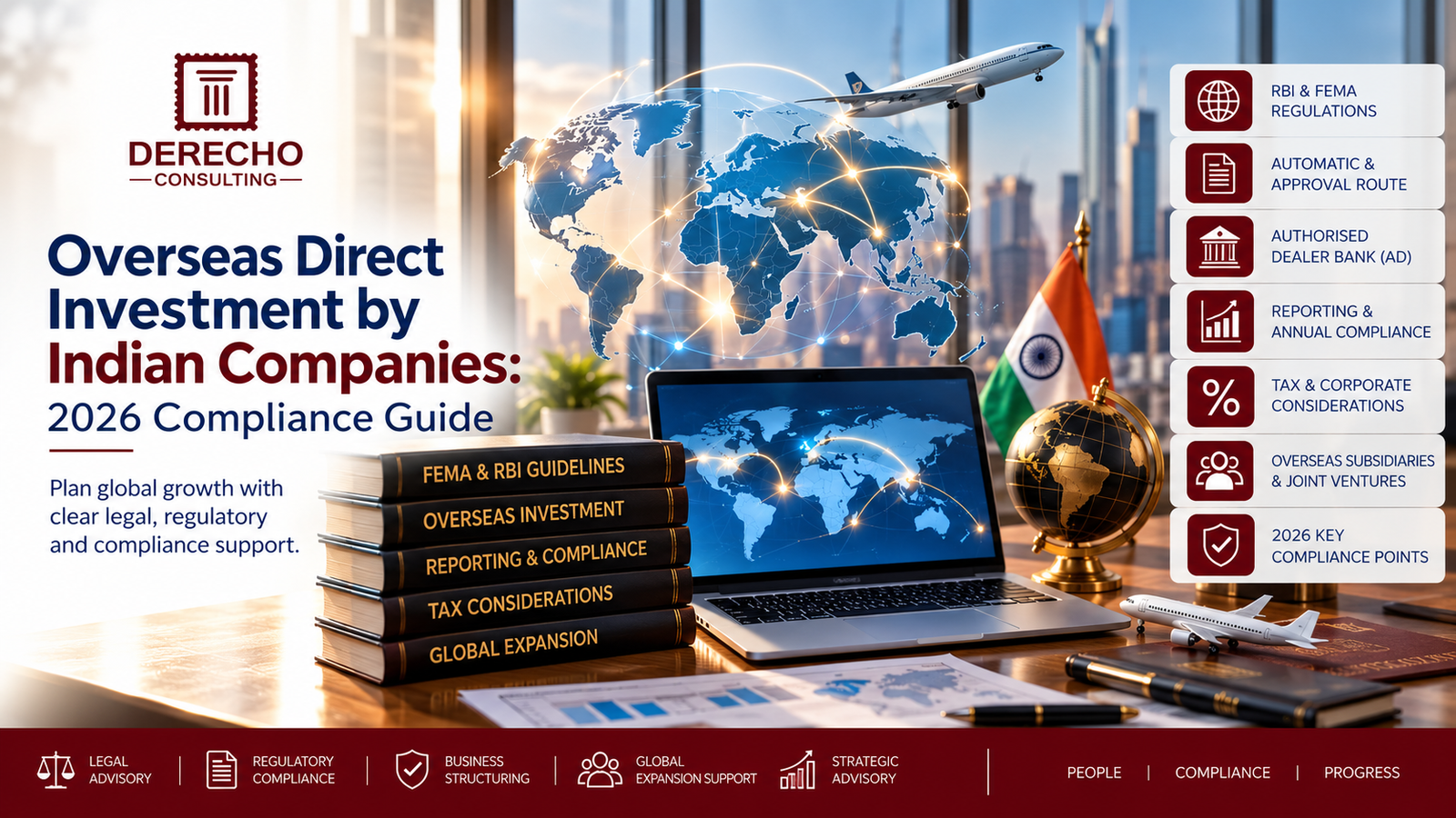 Overseas Direct Investment by Indian companies covering FEMA, RBI regulations, approval routes, reporting, tax, subsidiaries, and compliance.
