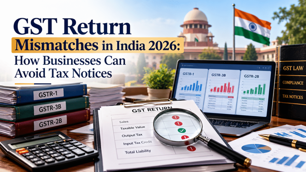 GST return mismatches in India 2026 showing GST forms, tax records, and compliance checks