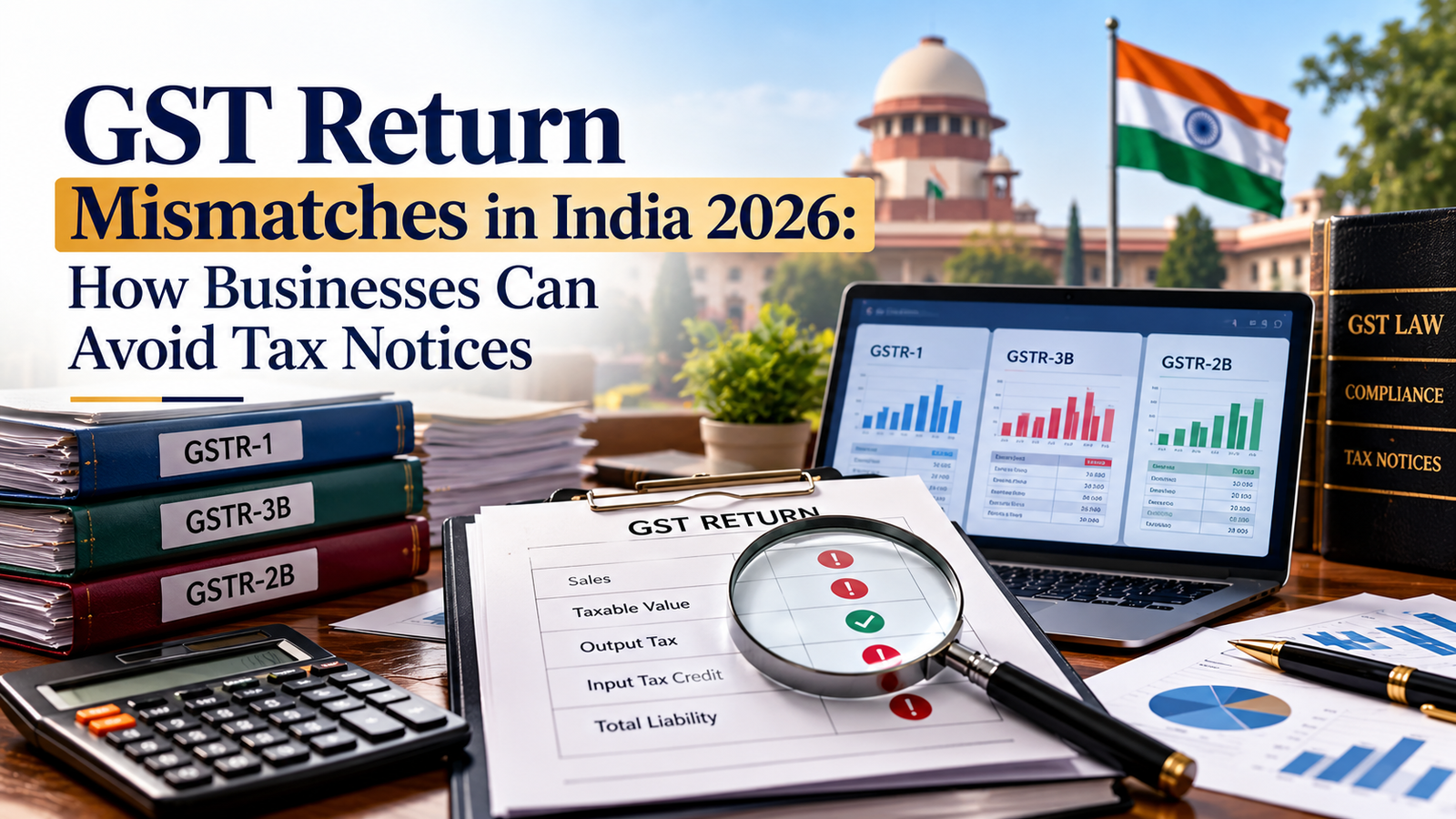 GST return mismatches in India 2026 showing GST forms, tax records, and compliance checks